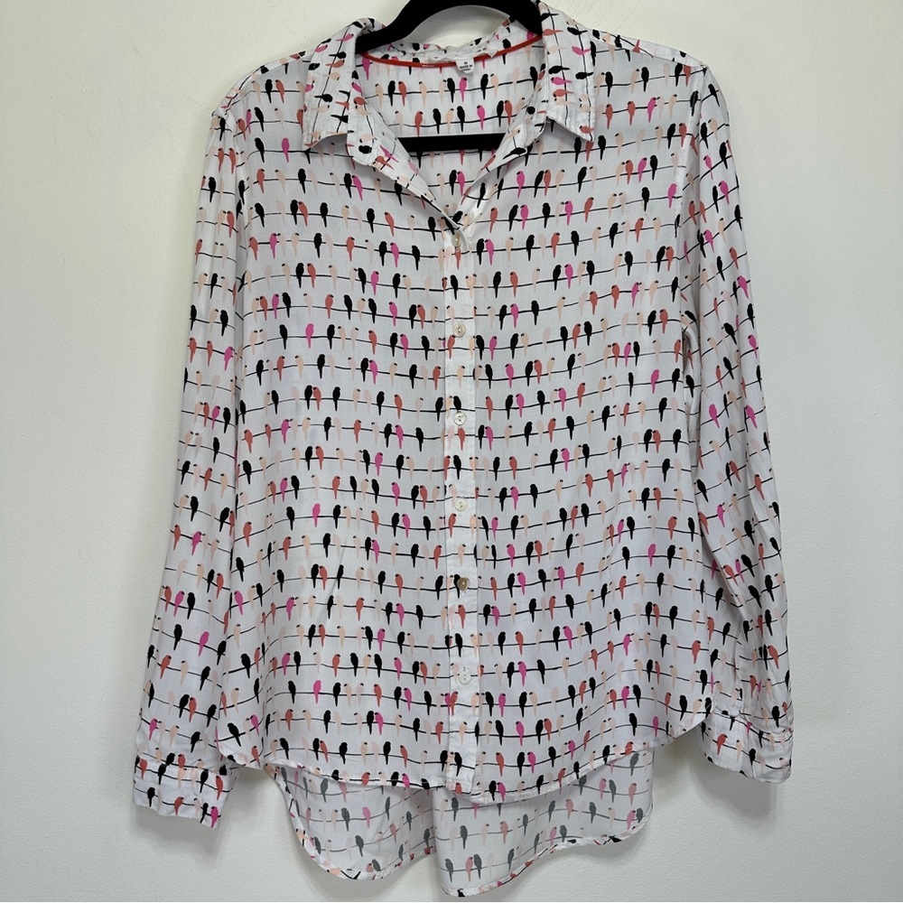 Jane and Delancey Bird Print Blouse Quirky Button Front Shirt M Artsy Whimsical